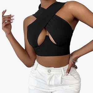 Women Criss Cross Halter Top Solid Cutout Cami Cross Wrap Crop Tank Top Black